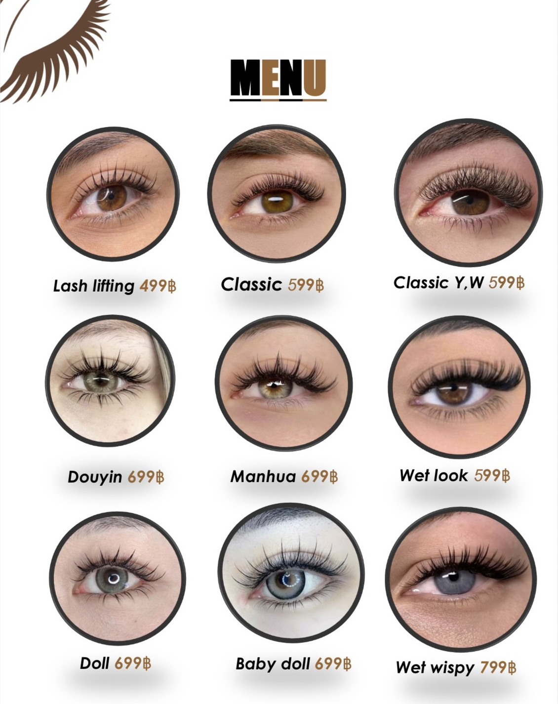 Lash style menu — Lash lifting, Classic, Classic Y/W, Douyin, Manhua, Wet look, Doll, Baby doll, Wet wispy with prices